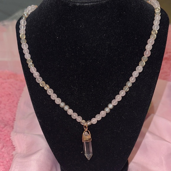 Rosé Champagne Necklace (Rose Quartz, Cream Crystal and Clear Quartz Pendant) - Picture 6 of 6